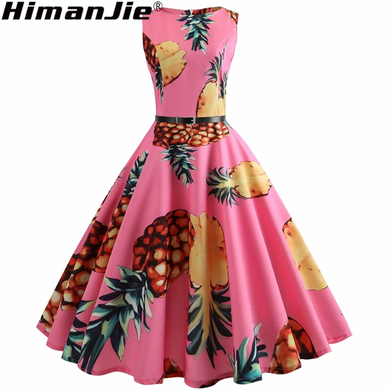 

Flower Floral Pineapple Vintage Dress Women Sexy Sleeveless A Line Club Party Dresses 50s 60s Retro Rockabilly Big Swing Dress