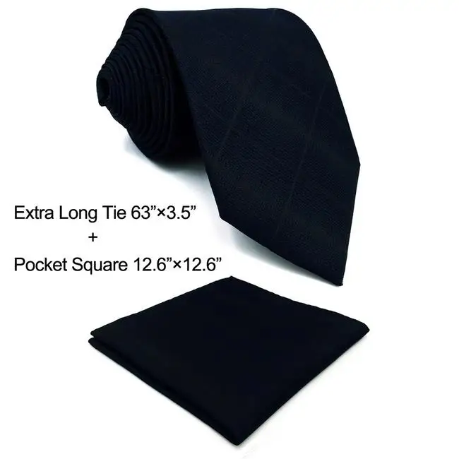 Однотонный темно-синий клетчатый Шелковый мужской галстук для жениха дизайнерское модное платье карман квадратный дополнительный длинный размер - Цвет: Extra Long Tie Set