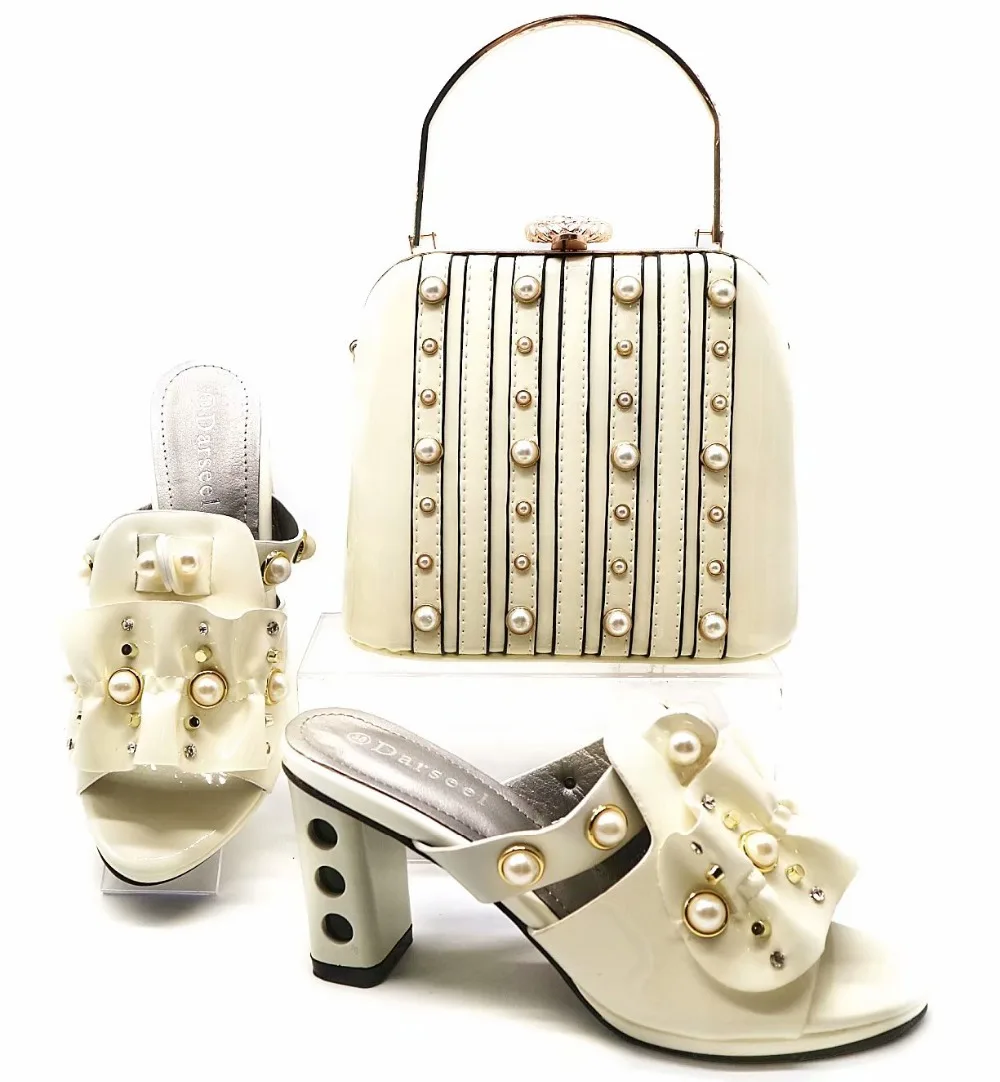Cream color elegant italian shoes and bag fashion slippers shoes clutches bag with beads shoes and bag SB8270-4