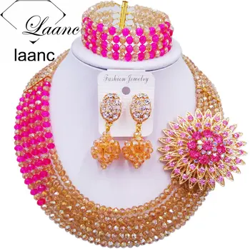 

Laanc Champagne Gold AB Hot Pink African Bead Necklace Nigerian Beads Jewelry Set Wedding Bridal Party Jewelry Sets 5CJZK028