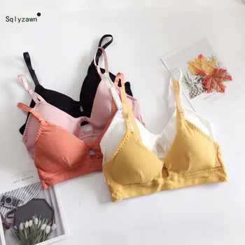 

Women Sexy V Neck Knitted Brallete Tops Summer Korean Kawaii Solid Hollow Out Bras Girls Sweet Cute Push Up Lingerie Intimates