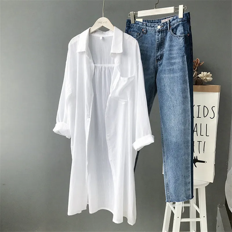 Cotton Women Beach White Long Blouse 2019 Spring Women Long Sleeve Shirts Blouse High quality loose Office Long Blouse Tops