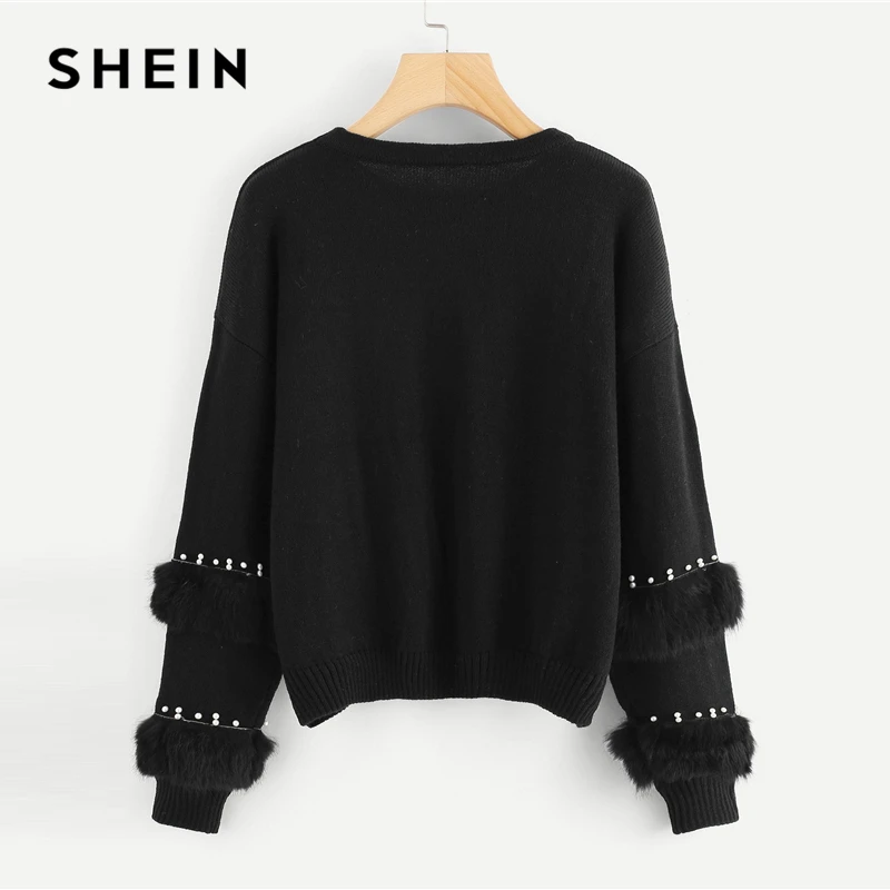 SHEIN Black Highstreet Elegant Pearl Beading Faux Fur Detail O-Neck Pullovers Jumper 2018 Autumn Casual Campus Women Sweaters SHEIN Black Highstreet Elegant Pearl Beading Faux Fur Detail O-Neck Pullovers Jumper 2018 Autumn Casual Campus Women Sweaters