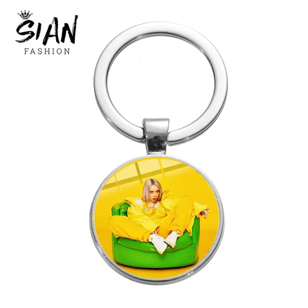 

SIAN 2019 Newest Billie Eilish Keychain 17 Style Top Quality Bad Guy Harajuku Trendy Printed Glass Cabochon Key Chain Porte Clef