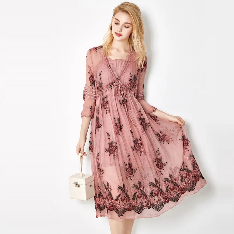 

Summer New Silk Dress Femininity V Collar Lace Splice Mulberry Silk Two-piece Set A Dress 2019 V-Neck Floral Dress Women