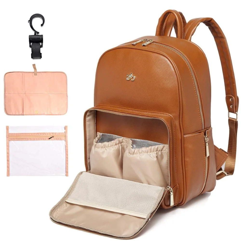  KZNI Pu Leather Diaper Bag Backpack Nappy Bag Baby Bags for Mom Unisex Maternity Diaper Bag with St