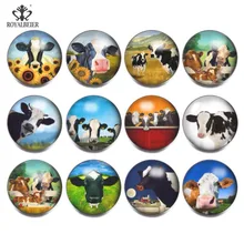 Royalbeier, 12 unids/lote, Nueva joyería a presión de vidrio, mezcla de patrones de animales de vaca, botón a presión de 18mm, pulsera reemplazable, broches de presión, joyería kg0051