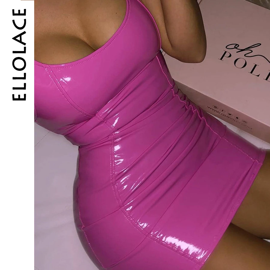 

Ellolace Leather Pink Party Dress Mini Dress Women Elegant Short Midi Casual Red Dresses O-Neck Sleeveless Skinny Summer Dress