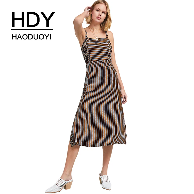 

HDY Haoduoyi Stripe Spaghetti Strap Sleeveless Bow Tie Mid Dress Backless Side Split High Waist Off Shoulder Slim Summer Dress