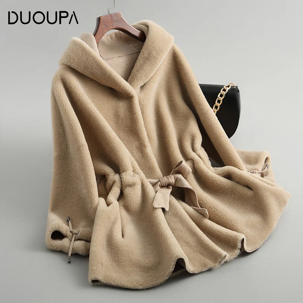 

DUOUPA Real Fur Coat Sheep Shearing Fur Lamb Fur Coats 2019 Winter Coat Women Wool Jacket Hooded Tops Long Korean Tops