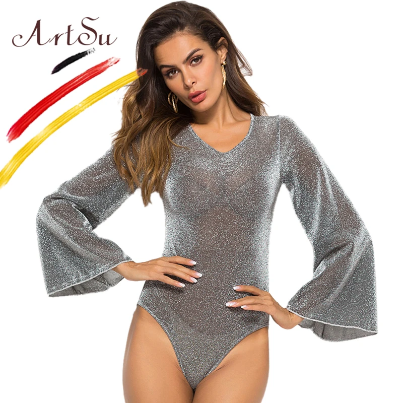 fishnet bodysuit ArtSu Sexy See Through Sequin Mesh Women Bodysuits Silver Gold Purple V-Neck Fitness Rompers Jumpsuit Female Casual Overalls short sleeve bodysuit