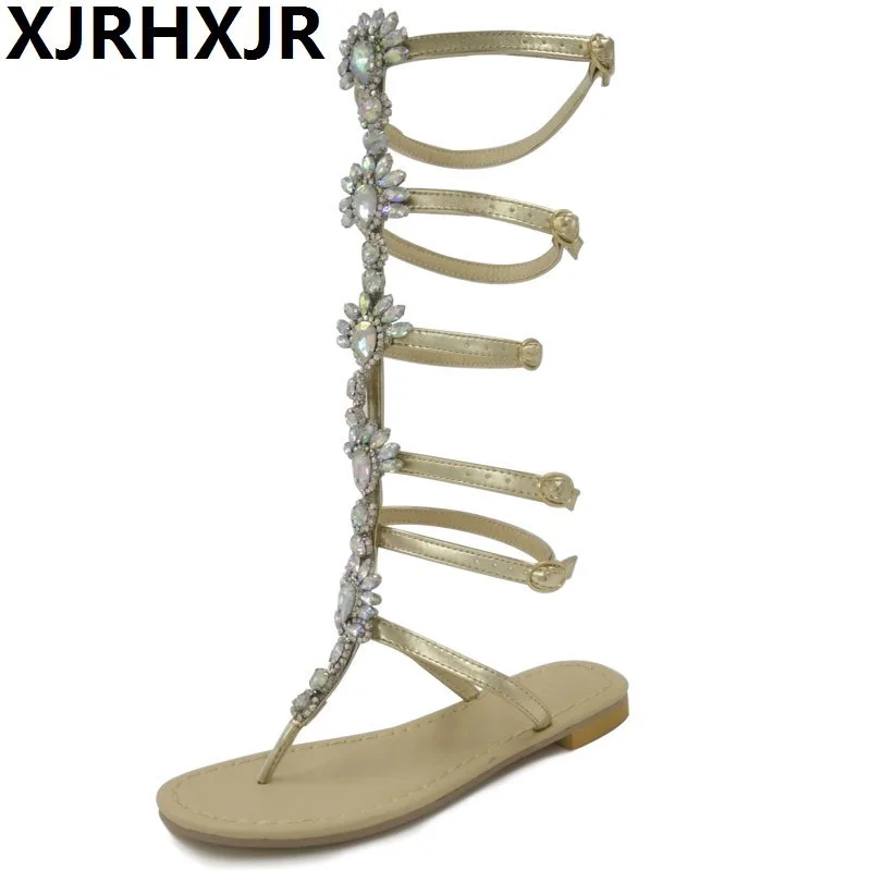 

XJRHXJR New 2018 Women Sandals Summer Fashion Crystal Party Shoes Woman Flat Gladiator Sandals Casual Flip Flops Beach Shoes