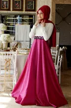 A-line With Hijab White and Pink Lace Muslim Dress Women Elegant High Collar Casual Muslim Long Sleeve Evening Dress Turkish