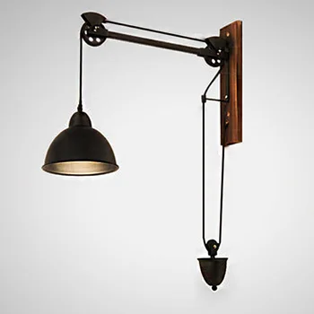 

Retro Vintage Iron Black Pulley Wheel LED Wall Lamp, Loft Backdrop Industrial Wall Sconce Wooden Light for Living Room Cafe Bar