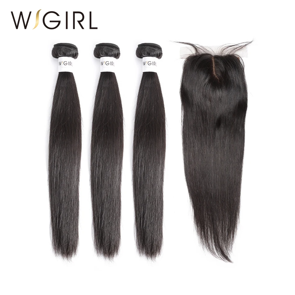 

Wigirl Hair Brazilian Remy Hair Straight 3 Human Hair Bundles with Silk Base Closure Hair Extension Free Shipping