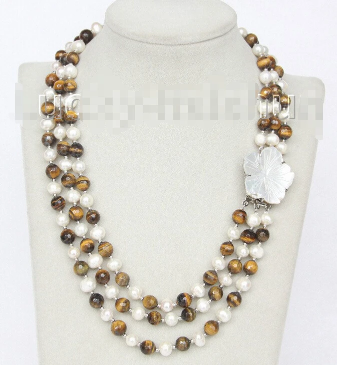 

shipping 17" 8mm 3row round white pearls yellow Tiger's Eye necklace j10326