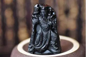 

2016 light spot new authentic carved natural Obsidian Pendant Necklace Guan men body Fortuna Wu