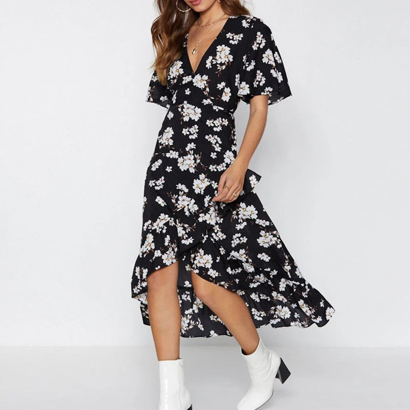 

2019 Women Long Dress Floral Casual Ruffles Ladies Dresses Sexy Deep V Neck Short Sleeve Party Dress Leisure Beach Sundress