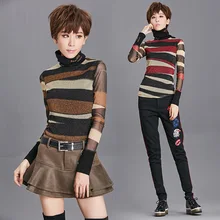 Европа Новинка Осень Зима Женская мода тонкая водолазка полосатая Блестящая футболка женская футболка с буквенным принтом Топ