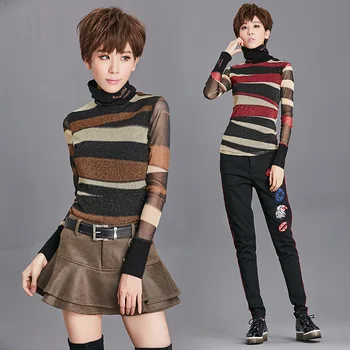 

Europe New 2017 Autumn Winter Women's Fashion Slim Turtleneck Striped Bling Bling Under Shirt Ladies Letter Printing T Shirt Top