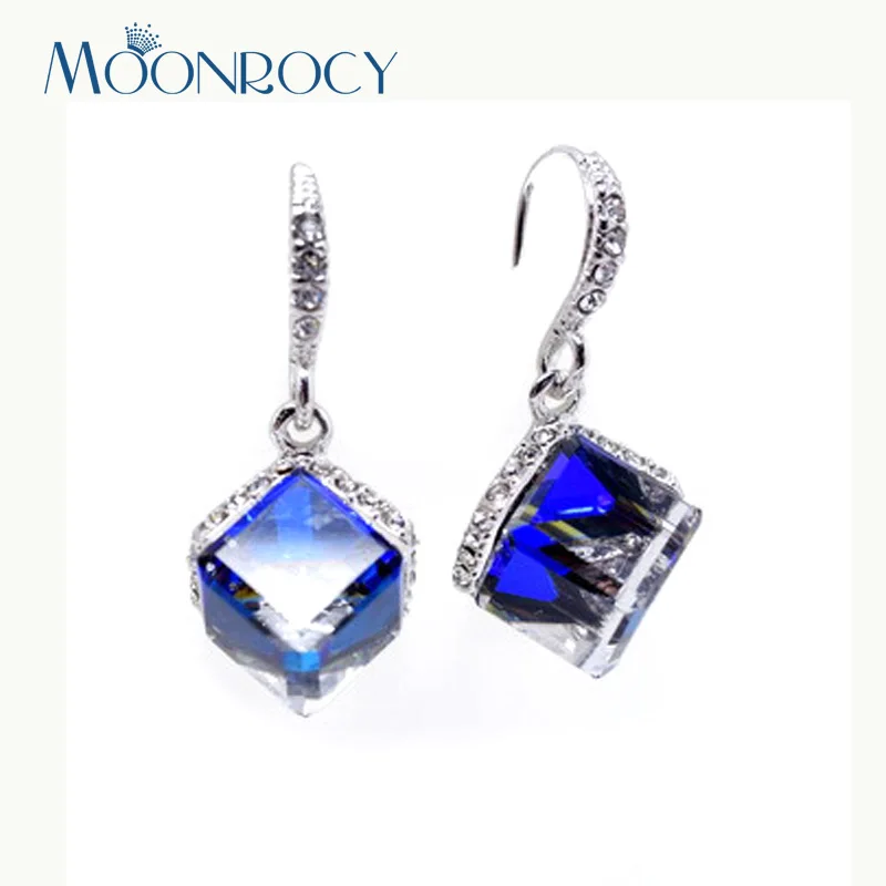 MOONROCY Free Shipping Fashion Jewelry Silver Color CZ Crystal Square Be Blue Be Purple Earrings Hook for Women Girls Gift