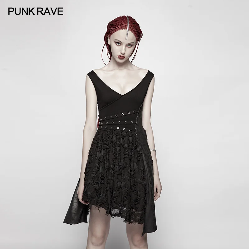 

Punk Rave Casual Sexy Black Tattered Fashion Sleeveless Pu Leather Women Deep V Dress WQ384