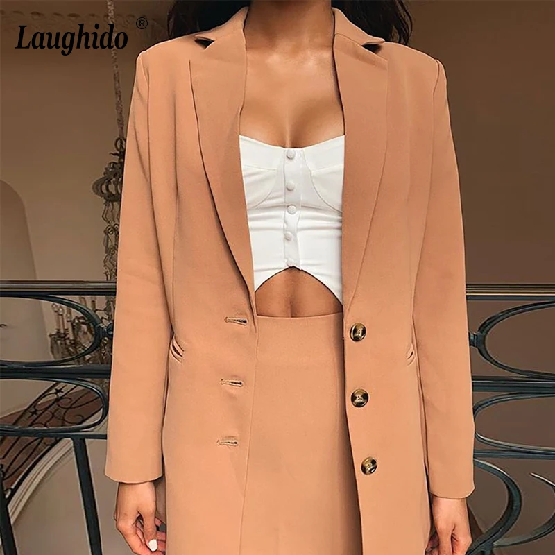 

Laughido Autumn Winter Turn Down Collar Jacket Cardigan Button Pocket Coat Women Slim Office Lady Manteau Femme Casual Jackets
