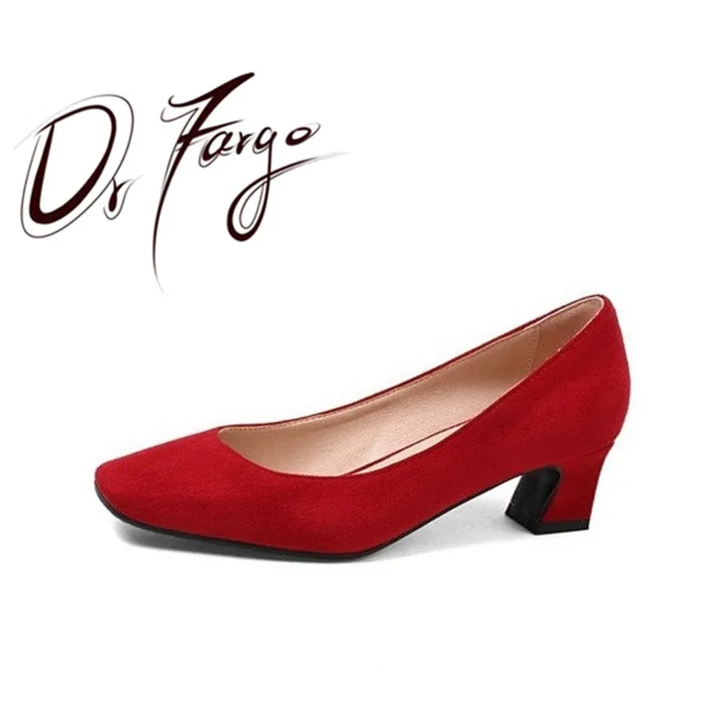 

DRFARGO Thick Med High Heels Shoes Women Pumps Square Toe Work Shoes Slip On High Heels Spring Footwear Big Size33 43 RED 1839