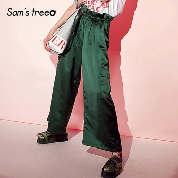 

Samstree Green Solid High Waist satin Minimalist Style Pants Women 2019 Spring Summer Drawstring Casual Wide Leg Ladies Trousers