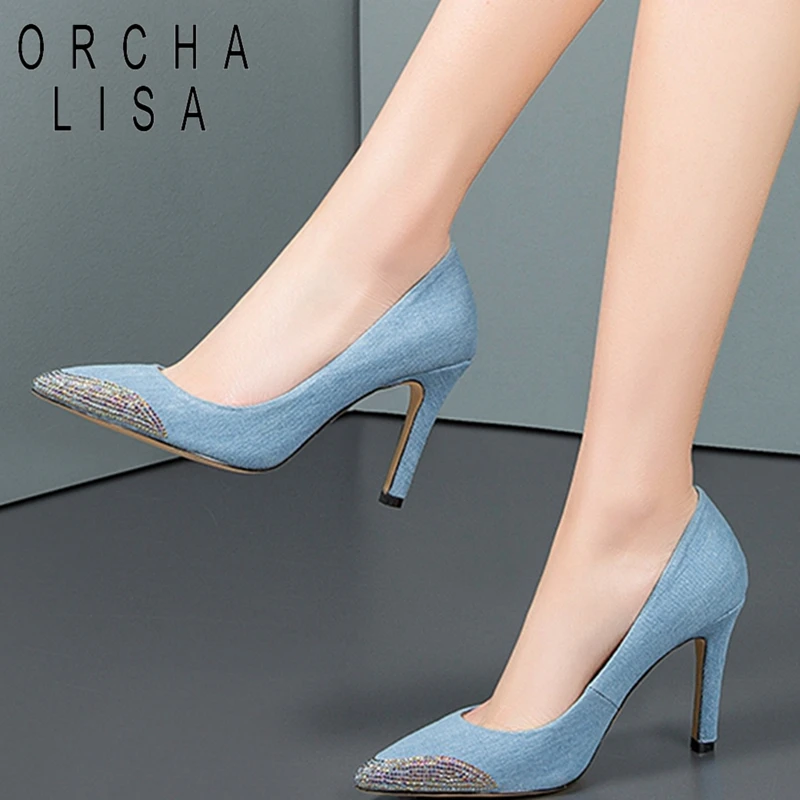 

ORCHA LISA Pumps Denim for women Ladies thin high heel shoes Pumps Fashion Sexy Cover heel Pointed toe Party Nightclud C539