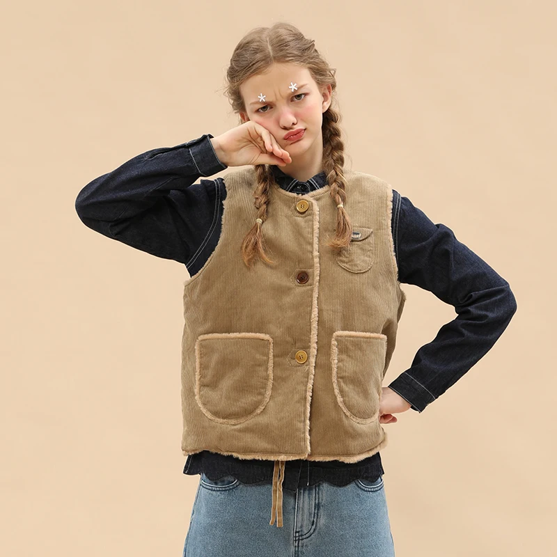 

Winter Autumn New Design Faux Fur Autumn Women Winter Vests Coat Lace Up Double-side To Wear Corduroy Warm Vest Jackets