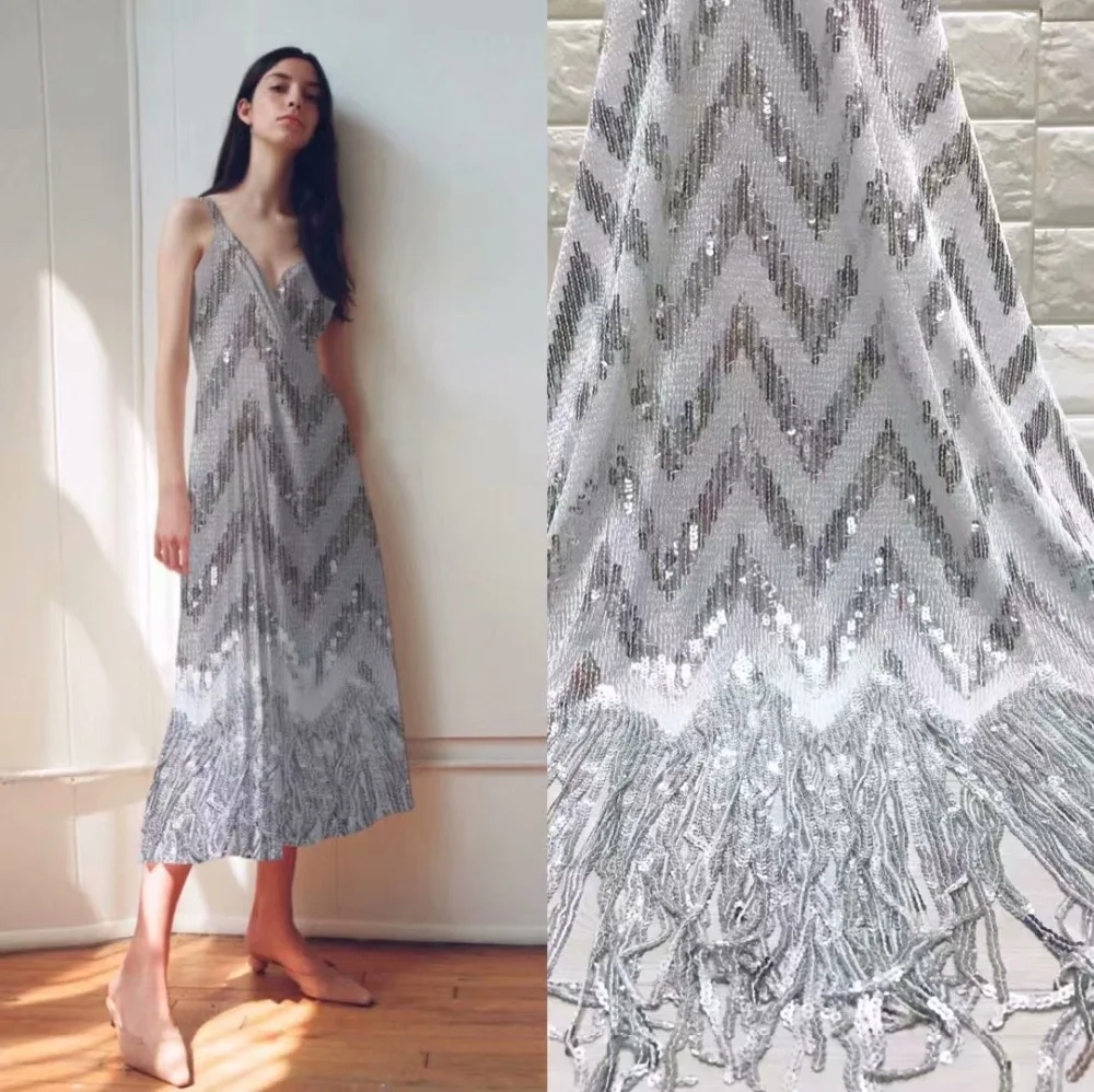 

2019 High Quality Nigerian French Lace African Lace Fabric Silver White Flower Sequined Guipure Mesh Lace For Party Dress