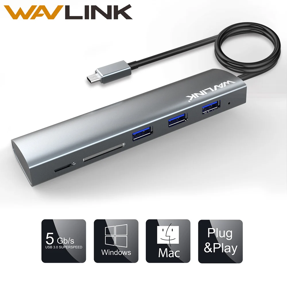 Wavlink USB-C USB C концентратор 5 в 1 type C адаптер концентратор до 3 USB 3,0 SD/Micro SD TF кардридер для iMac портативных ПК Аксессуары usb-хаб