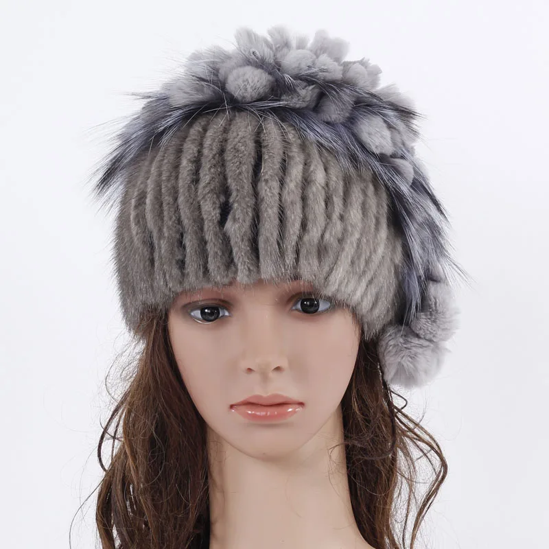 

Genuine Knitted Mink Fur Hat With Silver Fox Fur Female Cap Knitted Skullies & Beanies Real Mink Fur Hat for Women