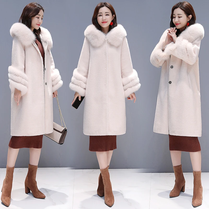 HANZANGL High quality 2018 Winter Wool Coat Women's Faux Fur Coat Fox Fur Hooded Warm Cashmere Jacket Overcoat Plus size S-3XL