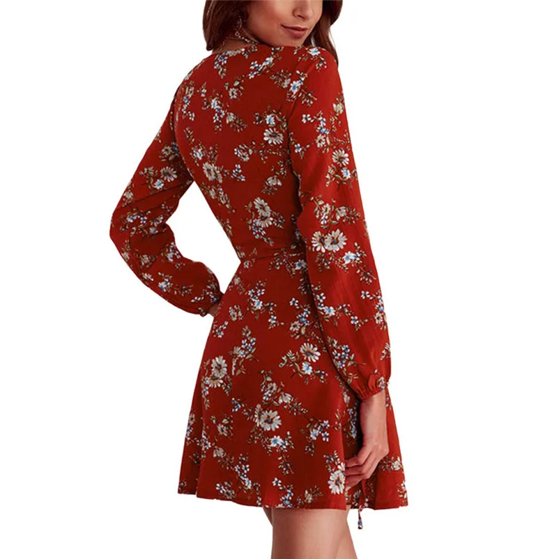 Fashion dress women summer Autumn 2018 Long Sleeve Floral Print lacing Casual Mini Dress Floral Dress vestido A21#N (4)