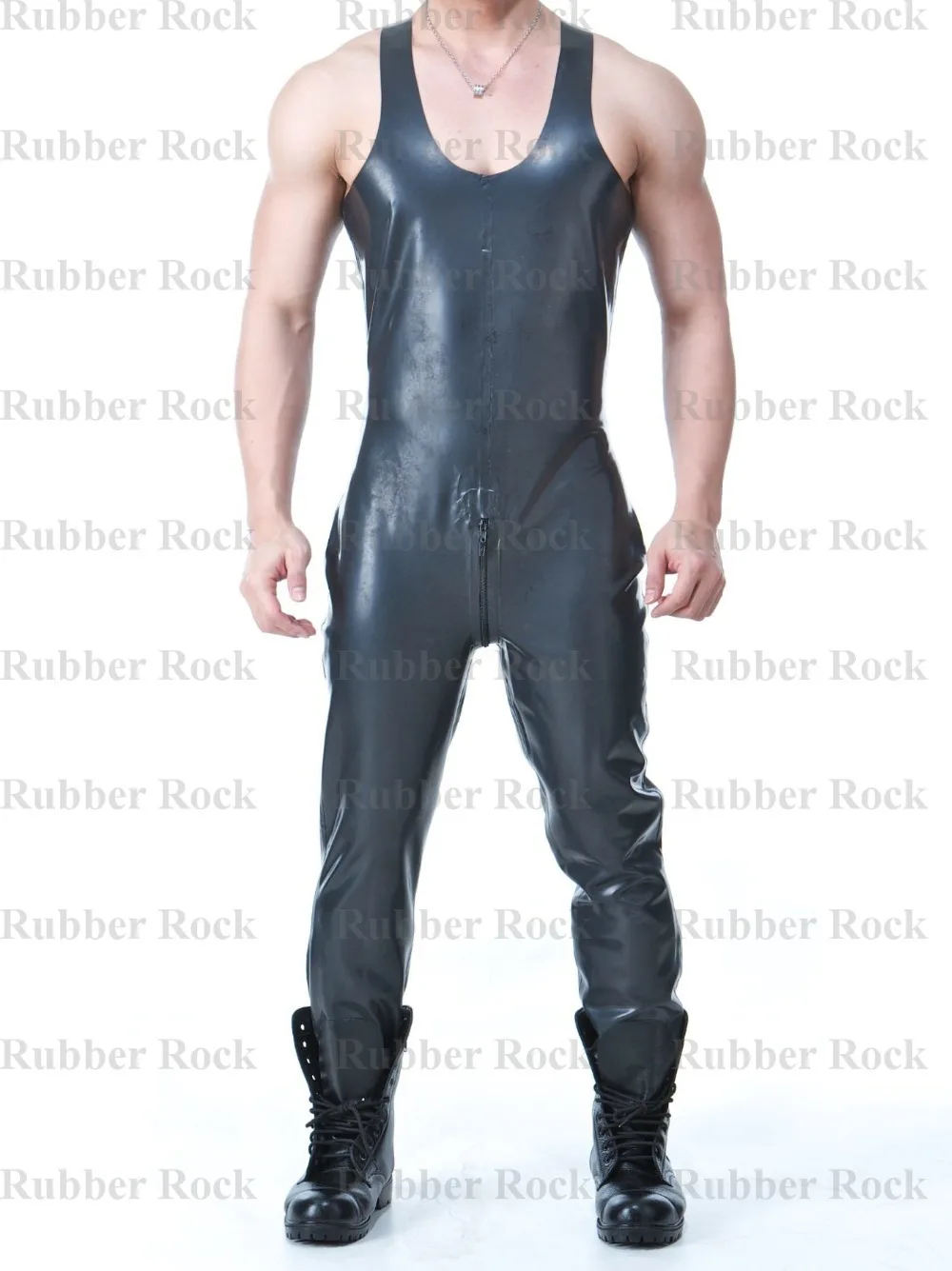 Natur Latex Catsuits mit Zurück Gabelung Zipper Sleeveless Gummi Overall