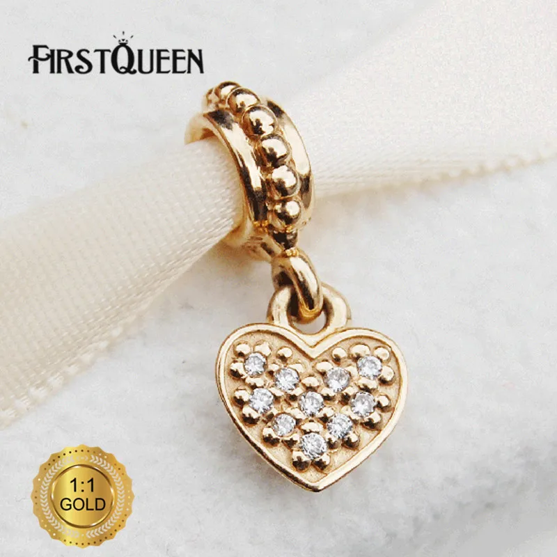 

FirstQueen 14K Gold Pave Hanging Heart Dangle Charm Fit Original Bracelets Bangles Authentic Jewelry Gift Fine Jewelry