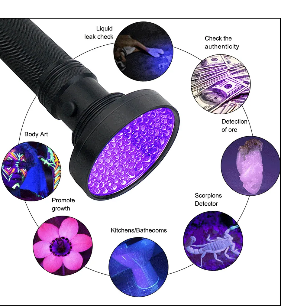 UV Flashlight 100 LEDs 395nm Ultraviolet Torch Waterproof Led Ultra Violet Light For Pet Stains Dog Urine and Bed Bug Detector