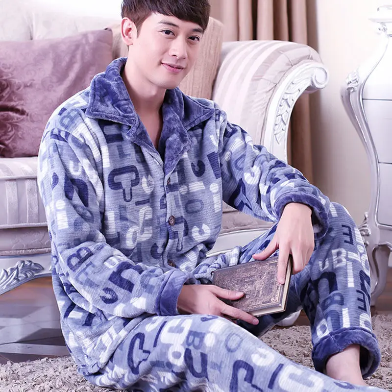 Pajamas Set Men Winter Warm Stripe Sleepwear Print Thick Flannel Pyjama Long Sleeve Pants V-Neck Shirt  Man Home Pjs cotton pjs Pajama Sets