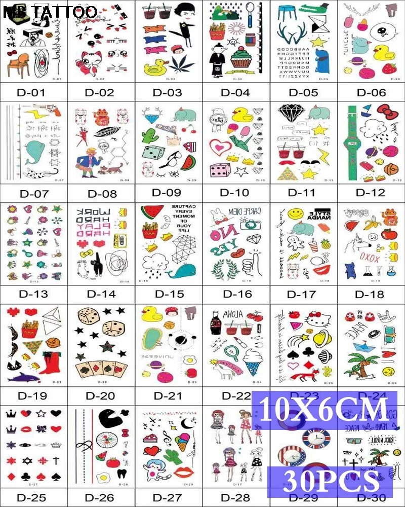 

MB 30pcs/set Waterproof Temporary Tattoos for Women Girl Cute Cartoon Body Art DIY Stickers Kids Tatoo for Women Wholesale