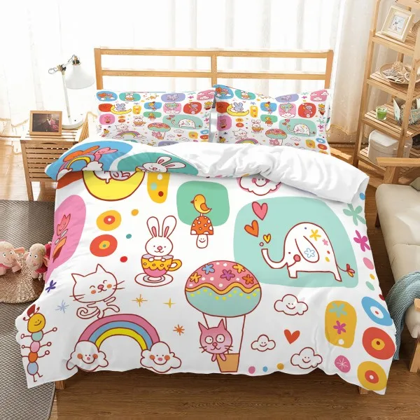 Cartoon Rainbow Kids Microfiber Bedding Set Duvet Cover Set Animals 3D Print Bed Linen Set Pillowcase Twin Full Queen Bedclothes - Color: Rainbow-6