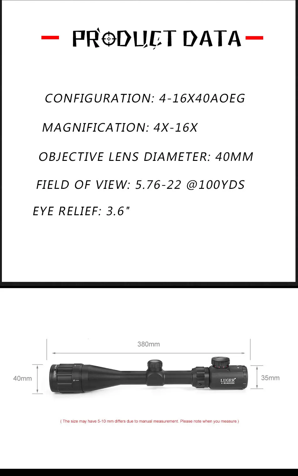 LUGER 4-16X40AOEG охотничий прицел зеленый красный освещенный точечный элемент винтовочный оптический прицел Регулируемый страйкбол воздушные