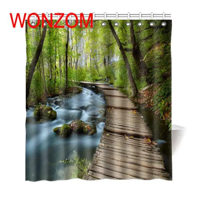 

WONZOM 3D Wooden Footbridge Shower Curtain with 12 Hooks For Bathroom Decor Modern Bath Waterproof Curtain Bathroom Accessories