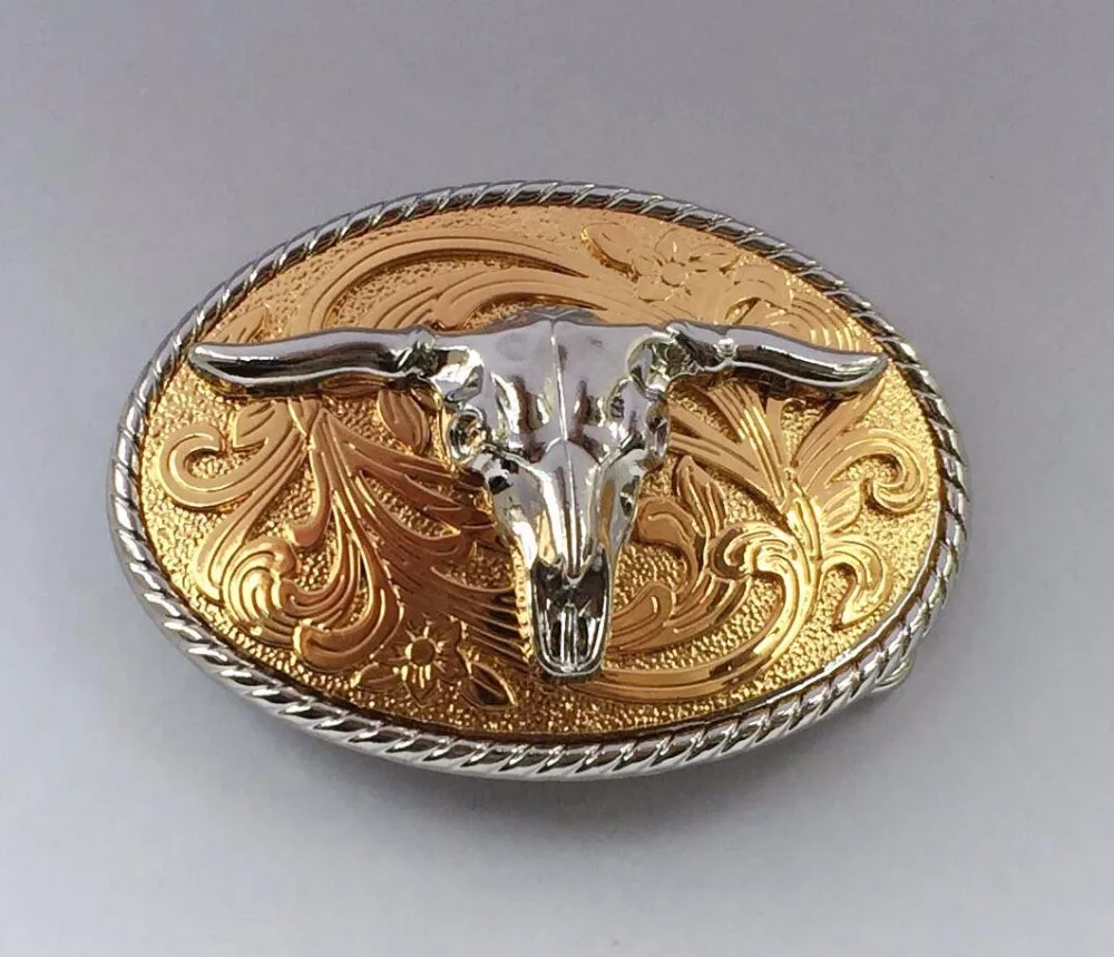 

New Arrvial Cowboy Belt Buckle With Gold Color 3D Sliver Bulls Metal Buckles suitable for 4cm wideth belt with continous stock