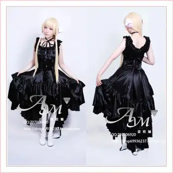 

Gothic Lolita Chobits Chii Black Satin Dress Cosplay Costume Tailor-made[G648]