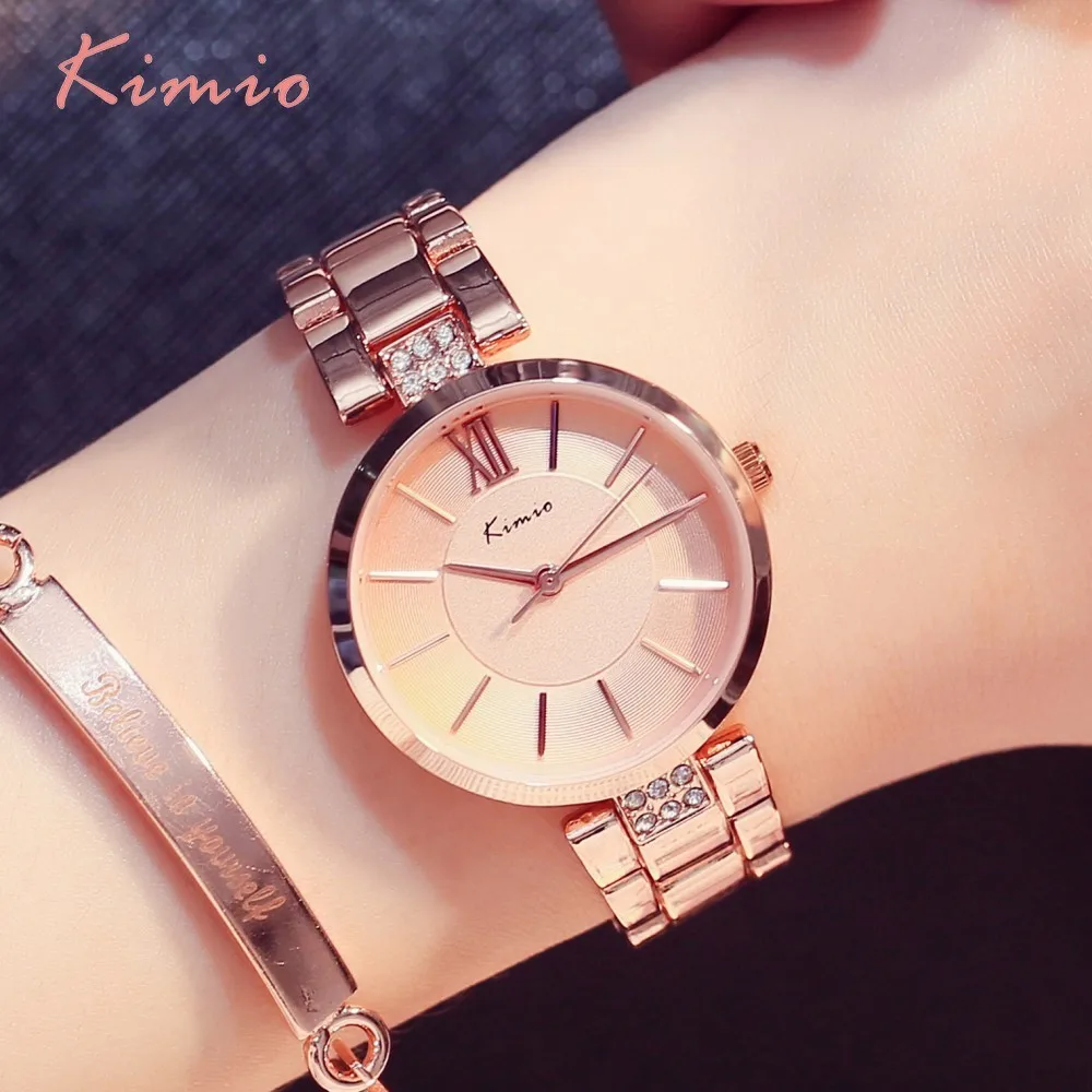 KIMIO Thin Clock Women Fashion Simple Watches Rhinestones Dress Woman Watch Rose Gold Quartz Ladies Women's Watch Wristwatch