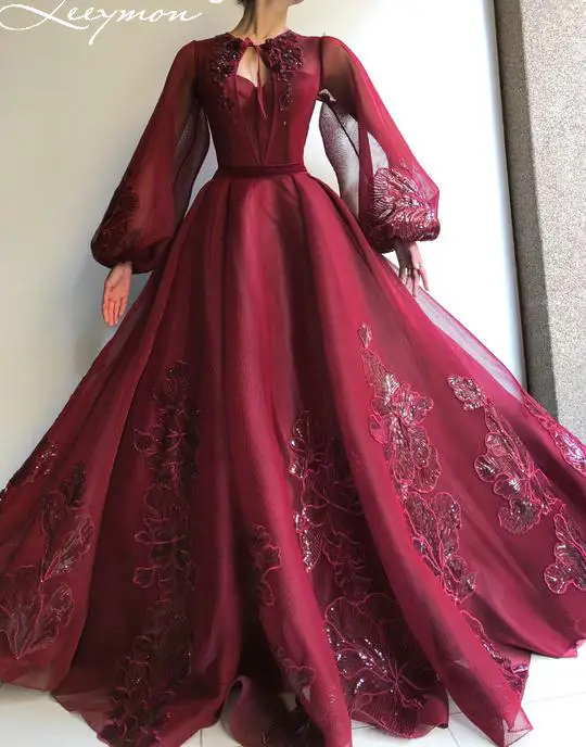 

Tulle Evening Dress Long Puff Sleeves Appliques Beaded Ball Gown Prom Dress Vestido De Festa Long Dress