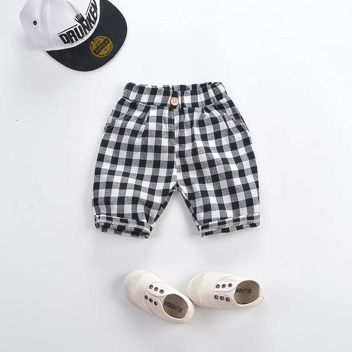 Kids Cotton Linen Trousers Summer Beach Loose Shorts for Boys Toddler Baggy Pants Black White Striped Plaid Baby Short - Цвет: Plaid