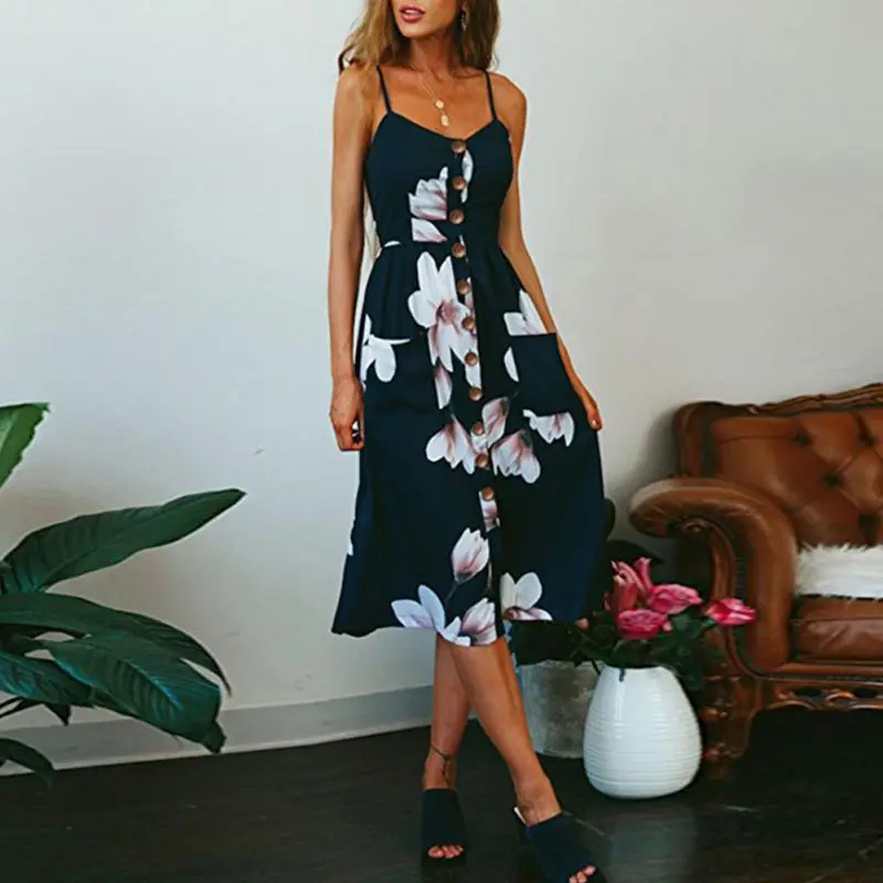 Sexy Women Floral Sleeveless Long Dresses Ladies Spaghetti Strap Sundress Printing Sling Button Backless Sexy Dress 20 Color W6
